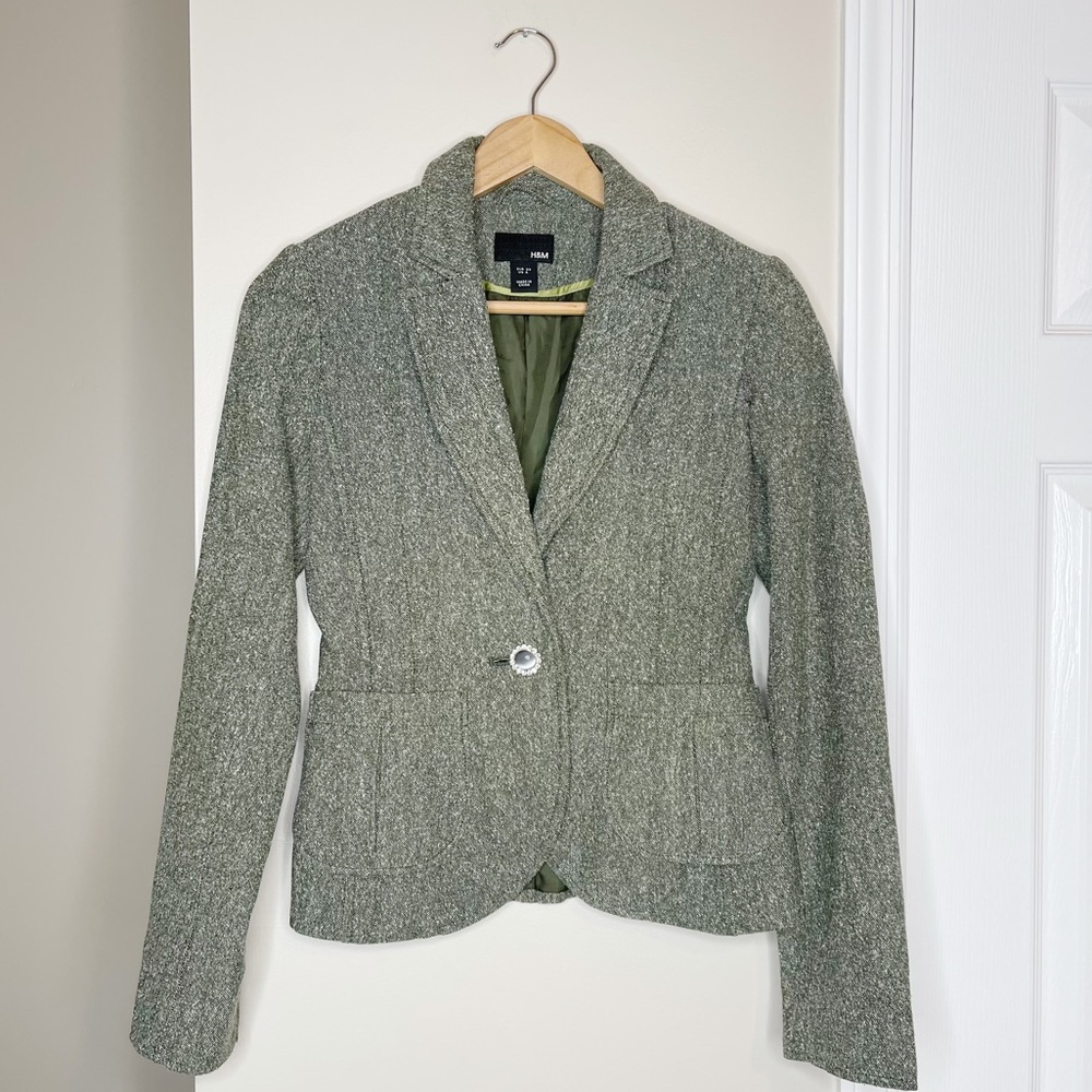 H&M Green Tweed Blazer with Jeweled Button Closure